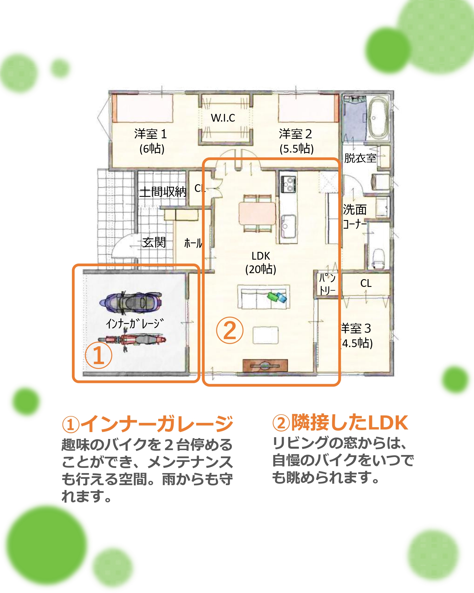 LDKからバイクを眺められるインナーガレージのある平屋
