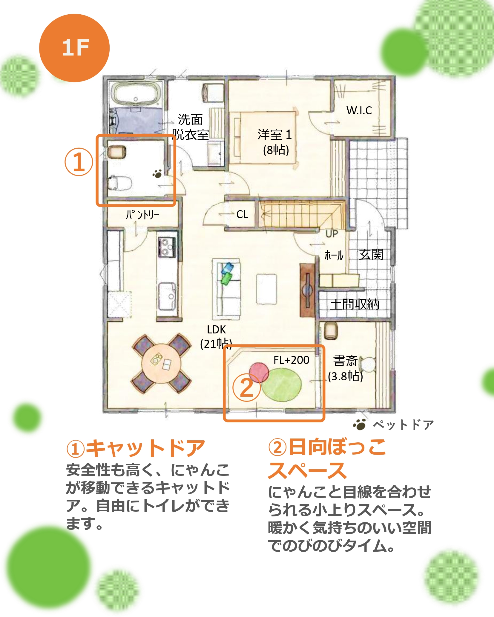 猫と暮らす平屋風住宅の日向ぼっこスペースがある間取り